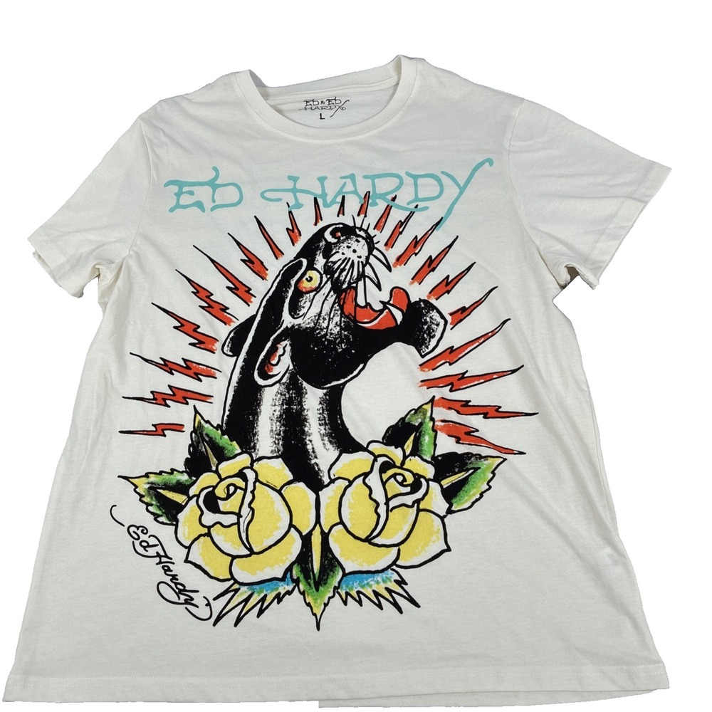 New Ed Hardy Designs Men's White Panther Logo Graphic SS T-Shirt Size Large NWT
